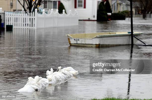 View of the flooded Perkins Street neighborhood is seen as the Pawtuxett River over flows causing evacutions March 30, 2010 in Cranston, Rhode...