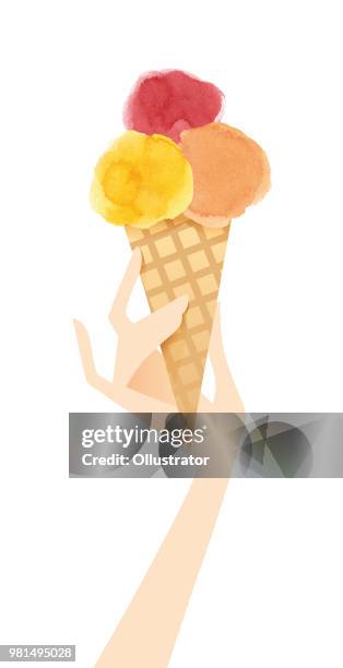 frau hand hält eine eiswaffel - gelato stock-grafiken, -clipart, -cartoons und -symbole