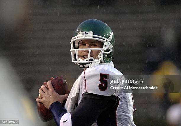 Michigan State quarterback Drew Stanton warms up in the rain for the North team at the 2007 Under Armour Senior Bowl in Mobile Jan. 27.