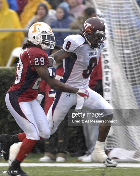 Tennessee defensive back Jonathan Wade covers Virginia Tech wide receiver David Clowney during the 2007 Under Armour Senior Bowl game at Ladd-Peebles...