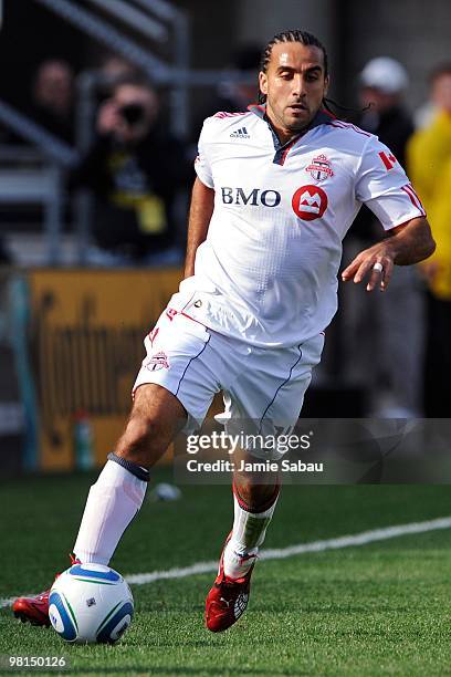 Forward Dwayne De Rosario of the Toronto FC controls the ball against the Columbus Crew on March 27, 2010 at Crew Stadium in Columbus, Ohio.