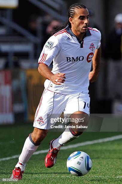 Forward Dwayne De Rosario of the Toronto FC controls the ball against the Columbus Crew on March 27, 2010 at Crew Stadium in Columbus, Ohio.