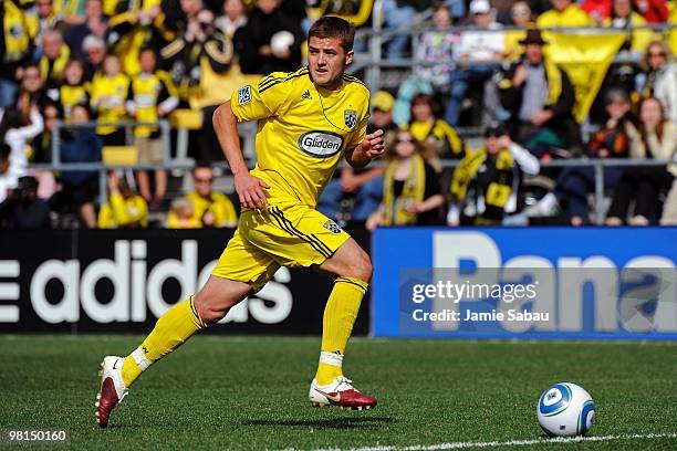 Forward Robbie Rogers of the Columbus Crew controls the ball against Toronto FC on March 27, 2010 at Crew Stadium in Columbus, Ohio.