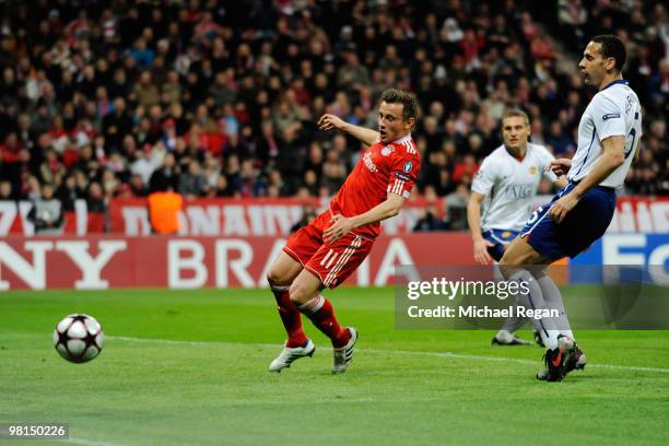 Ivica Olic of Bayern Muenchen misses a simple chance during the UEFA Champions League quarter final first leg match between Bayern Muenchen and...