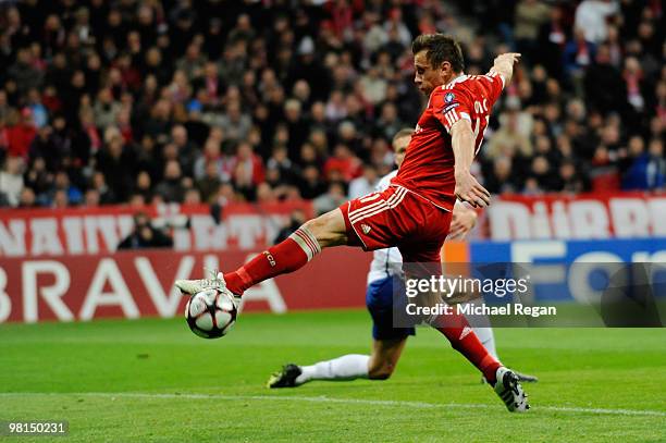 Ivica Olic of Bayern Muenchen misses a simple chance during the UEFA Champions League quarter final first leg match between Bayern Muenchen and...