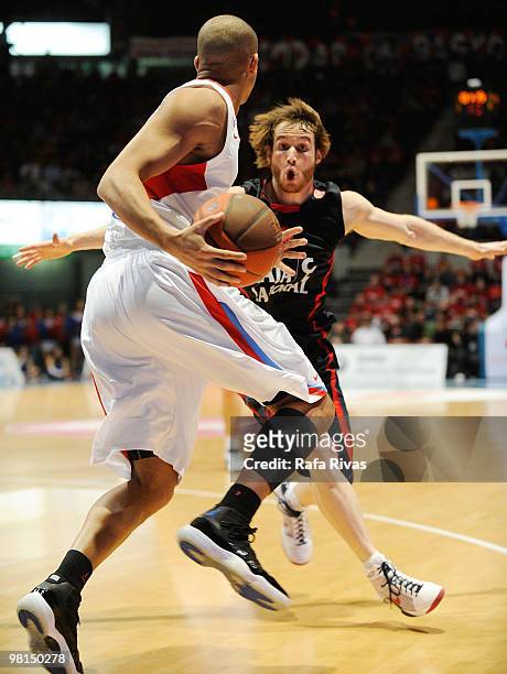 Victor Keyru of CSKA Moscow competes with Marcelinho Huertas of Caja Laboral during the Euroleague Basketball 2009-2010 Play Off Game 3 between Caja...