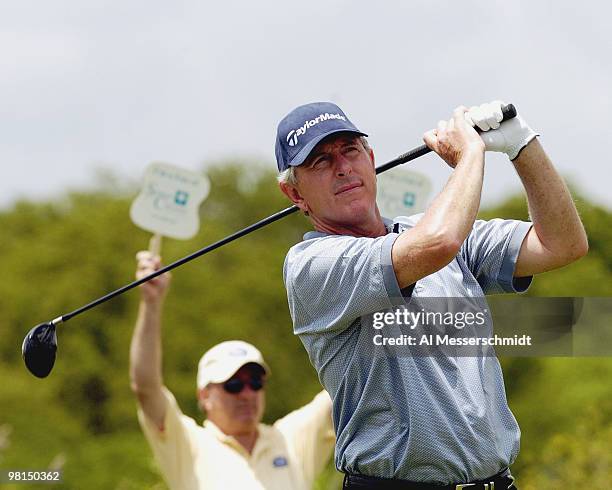 Hale Irwin tees off and wins the Liberty Mutual Legends of Golf tournament, Sunday, April 25, 2004 in Savannah, Georgia.