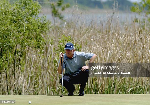 Hale Irwin lines up a putt and wins the Liberty Mutual Legends of Golf tournament, Sunday, April 25, 2004 in Savannah, Georgia.