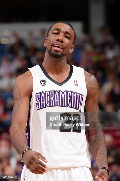 Donte Greene of the Sacramento Kings looks on during the game against the Oklahoma City Thunder at Arco Arena on March 7, 2010 in Sacramento,...
