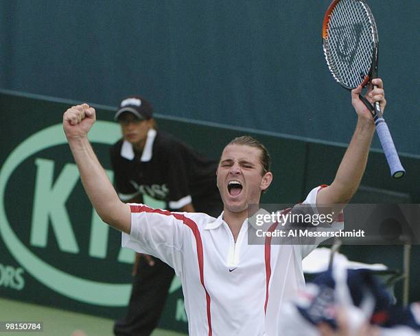 Mardy Fish celebrates match point and wins the second match in the 2004 David Cup semifinal September 24, 2004 at Daniel Island, South Carolina....