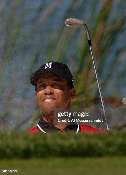 Tiger Woods hits from a bunker on the seventh hole during competition in the 2005 Tavistock Cup at Isleworth Country Club March 29.