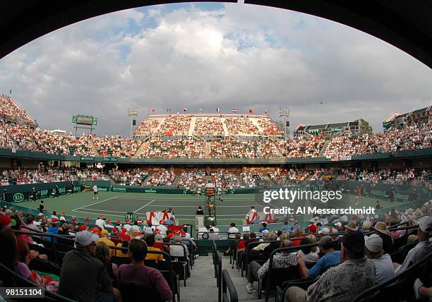 The late afternoon sun illuminates the west grandstand at Family Circle Tennis Center during the second match in the 2004 David Cup semifinal...