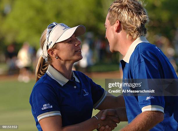 Annika Sorenstam shakes hands with Ian Poulter after play at the 18th green during in the 2005 Tavistock Cup at Isleworth Country Club March 29.