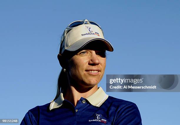 Annika Sorenstam watches play at the 18th green during competition in the 2005 Tavistock Cup at Isleworth Country Club March 29.