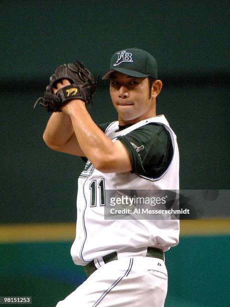 Tampa Bay Devil Rays Hideo Nomo pitches against the Oakland Athletics April 9, 2005 at Tropicana Field. Nomo gave up one hit and one run in six...