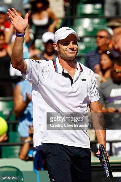 Andy Roddick of the United States celebrates after defeating Benjamin Becker of Germany during day eight of the 2010 Sony Ericsson Open at Crandon...