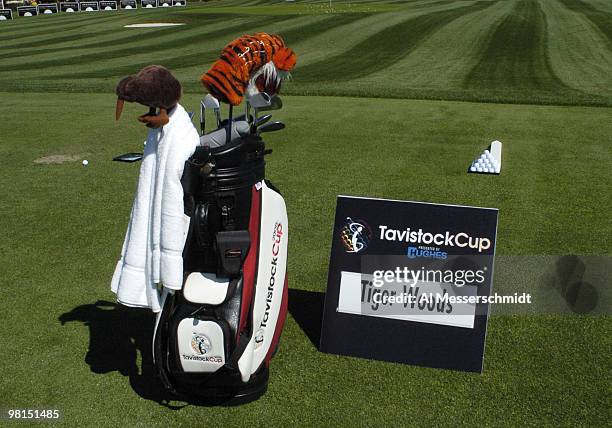 Tiger Woods golf bag stands on the driving range before play in the 2005 Tavistock Cup at Isleworth Country Club March 29.