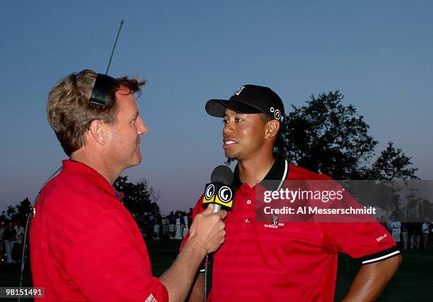 Tiger Woods talks to the golf channel after play in the 2005 Tavistock Cup at Isleworth Country Club March 29.