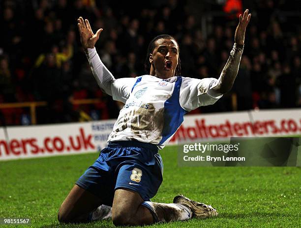 Neil Danns of Crystal Palace celebrates scoring during the Coca-Cola Football League Championship match between Watford and Crystal Palace at...