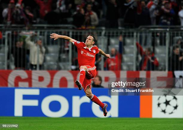 Franck Ribery of Bayern celebrates scoring the first goal during the UEFA Champions League quarter final, first leg match between FC Bayern Munich...