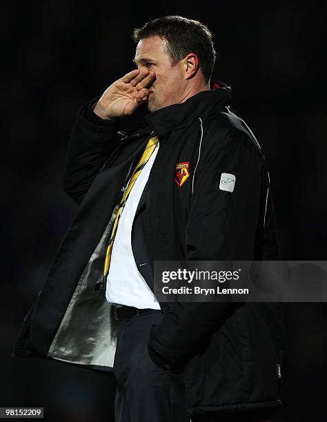 Watford Manager Malky Mackay looks on during the Coca-Cola Football League Championship match between Watford and Crystal Palace at Vicarage Road on...