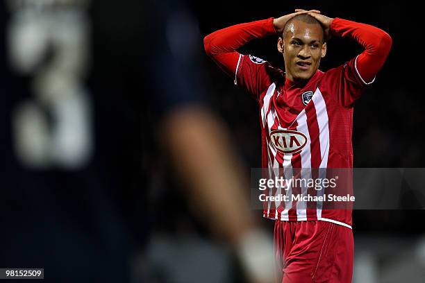 Yoan Gouffran of Bordeaux rues a missed chance during the Lyon v Bordeaux UEFA Champions League quarter-final 1st leg match at the Stade Gerland on...