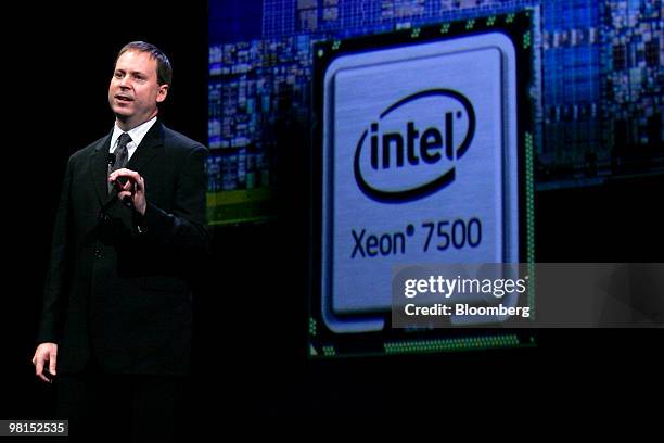 Kirk Skaugen, vice president of the architecture group at Intel Corp., announces the release of the Intel Xeon 7500 processor series at an event in...