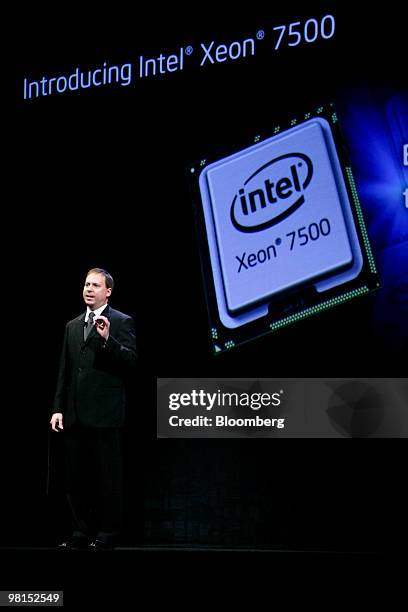 Kirk Skaugen, vice president of the architecture group at Intel Corp., announces the release of the Intel Xeon 7500 processor series at an event in...