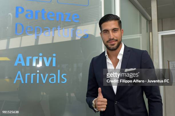 New Juventus signing Emre Can poses following his arrival in Turin on June 21, 2018 in Turin, Italy.