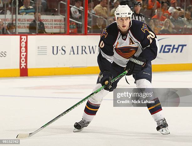 Colby Armstrong of the Atlanta Thrashers against the Philadelphia Flyers at the Wachovia Center on March 21, 2010 in Philadelphia, Pennsylvania.