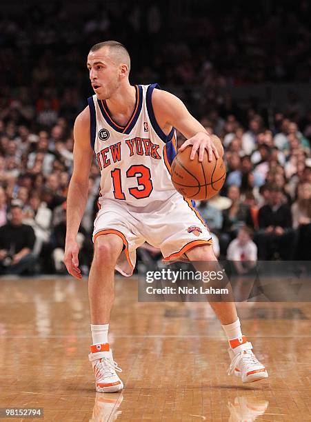 Sergio Rodriguez of the New York Knicks dribbles the ball against the Philadelphia 76ers at Madison Square Garden on March 19, 2010 in New York City....