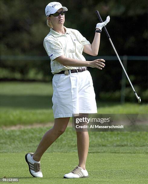 Karrie Webb of Queensland Australia loses her club after an errant fairway shot on the 17th hole, Webb struggled early and was even par after 9 holes.