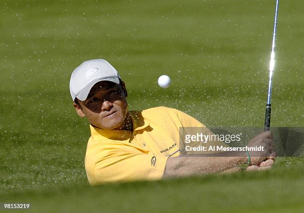 Shigeki Maruyama blasts from the sand during first round competition January 29, 2004 at the 2004 FBR Open at the Tournament Players Club at...
