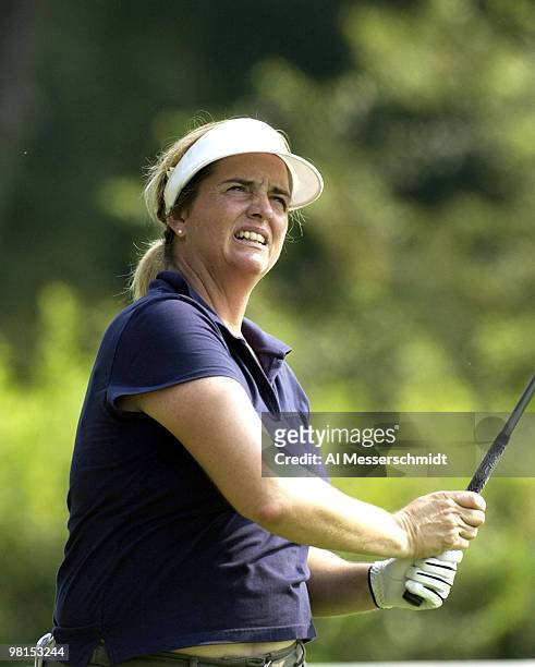 Cindy Figg-Currier checks her drive on the 17th hole at the Jamie Farr Kroger Classic August 11, 2003 in Sylvania, Ohio.