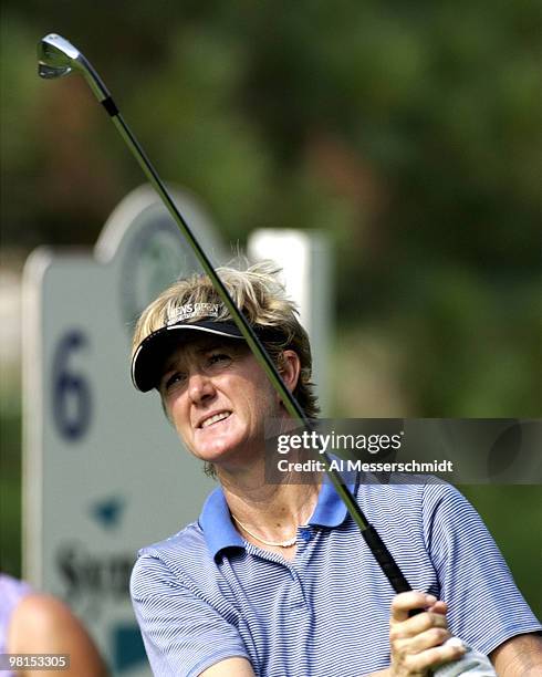 Beth Daniel checks her tee shot on the 6th hole at the LPGA Jamie Farr Kroger Classic August 15, 2003 in Sylvania, Ohio. Daniel ws one over par after...