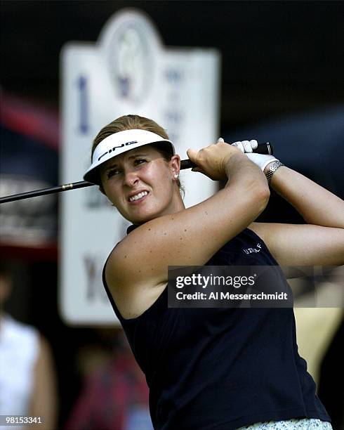 Hilary Lunke, winner of the 2003 U. S. Open, checks her drive on the first hole at the LPGA Jamie Farr Kroger Classic August 15, 2003 in Sylvania,...