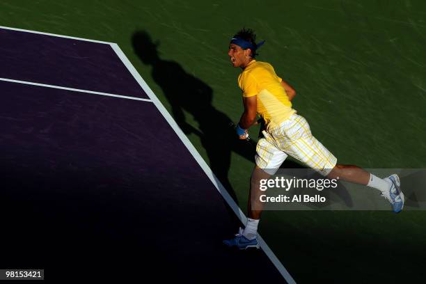 Rafael Nadal of Spain serves against David Ferrer of Spain during day eight of the 2010 Sony Ericsson Open at Crandon Park Tennis Center on March 30,...