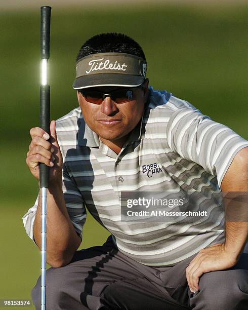 Robert Gamez lines up a putt on the fifth hole during first round competition January 29, 2004 at the 2004 FBR Open at the Tournament Players Club at...