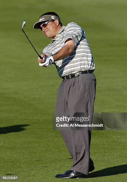 Robert Gamez follows a fairway shot on the fifth hole during first round competition January 29, 2004 at the 2004 FBR Open at the Tournament Players...