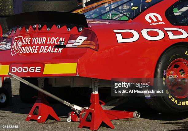 Two jacks support the rear end of the Kasey Kahne Dodge in the garage before the Subway 400, NASCAR race, February 22, 2004 at North Carolina...