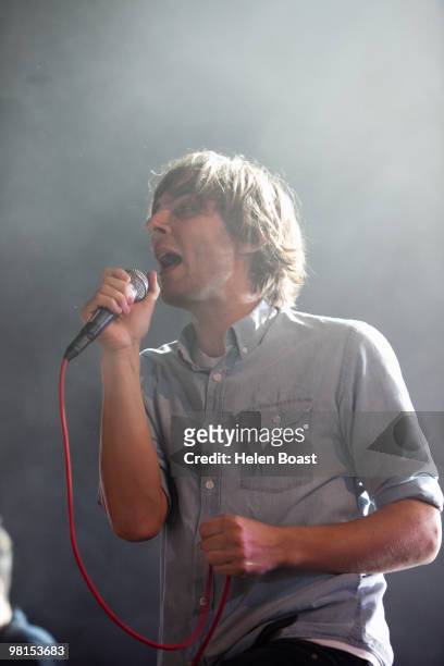 Thomas Mars of Phoenix performs on stage at The Roundhouse on March 30, 2010 in London, England.