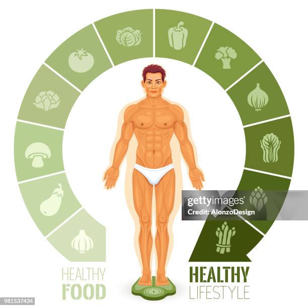 man with weight loss success - broccoli on white stock illustrations