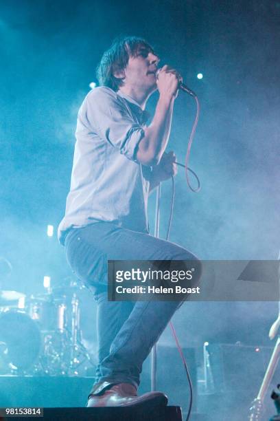 Thomas Mars of Phoenix performs on stage at The Roundhouse on March 30, 2010 in London, England.