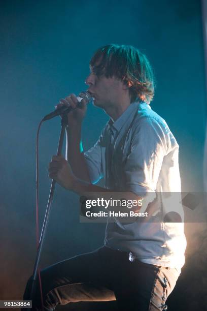 Thomas Mars of Phoenix performs on stage at The Roundhouse on March 30, 2010 in London, England.