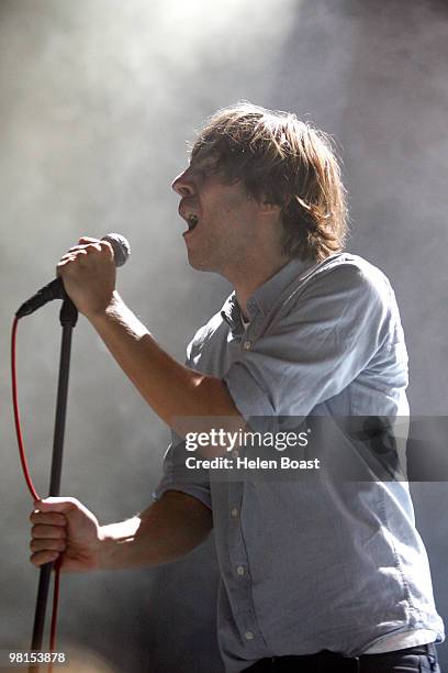 Thomas Mars Of Phoenix performs on stage at The Roundhouse on March 30, 2010 in London, England.