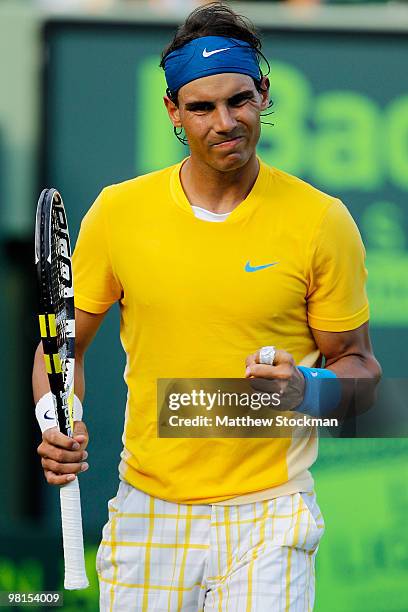 Rafael Nadal of Spain reacts against David Ferrer of Spain during day eight of the 2010 Sony Ericsson Open at Crandon Park Tennis Center on March 30,...