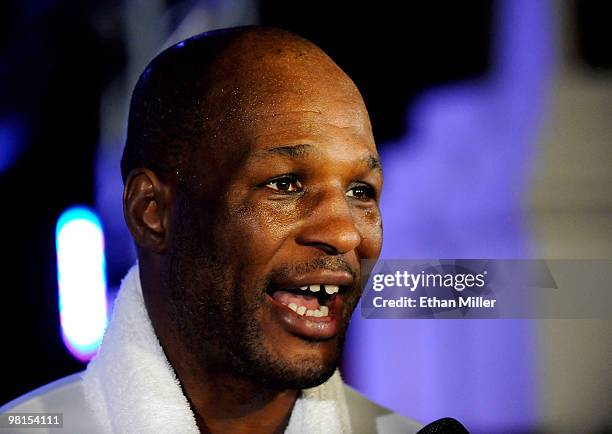 Boxer Bernard Hopkins is interviewed after working out at the Mandalay Bay Resort & Casino March 30, 2010 in Las Vegas, Nevada. Hopkins will face Roy...