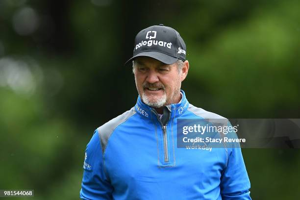 Jerry Kelly reacts to his tee shot on the second hole during the first round of the American Family Insurance Championship at University Ridge Golf...