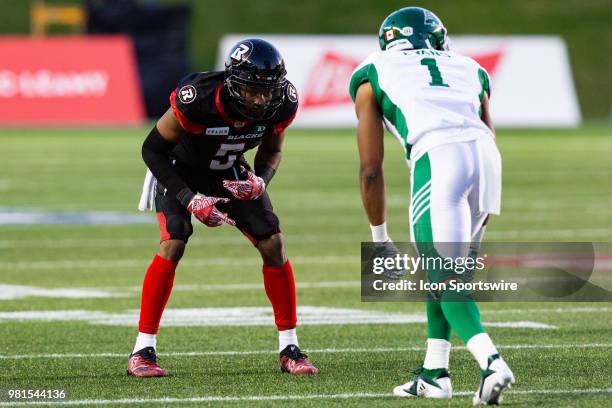 Ottawa RedBlacks defensive back Loucheiz Purifoy lines up for the snap during Canadian Football League action between Saskatchewan Roughriders and...