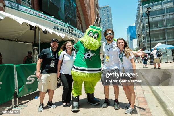 Dallas Stars mascot Victor E. Green poses with fans as part of the 2018 NHL Draft Hockey Fan Fest presented by Dennys at the American Airlines Center...